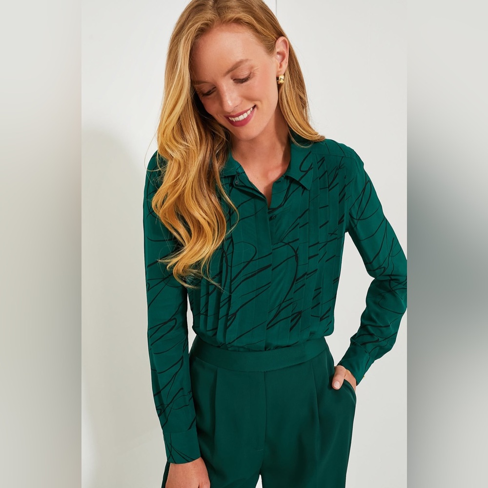 Tuckernuck Emerald Green Printed Long-Sleeve Blouse